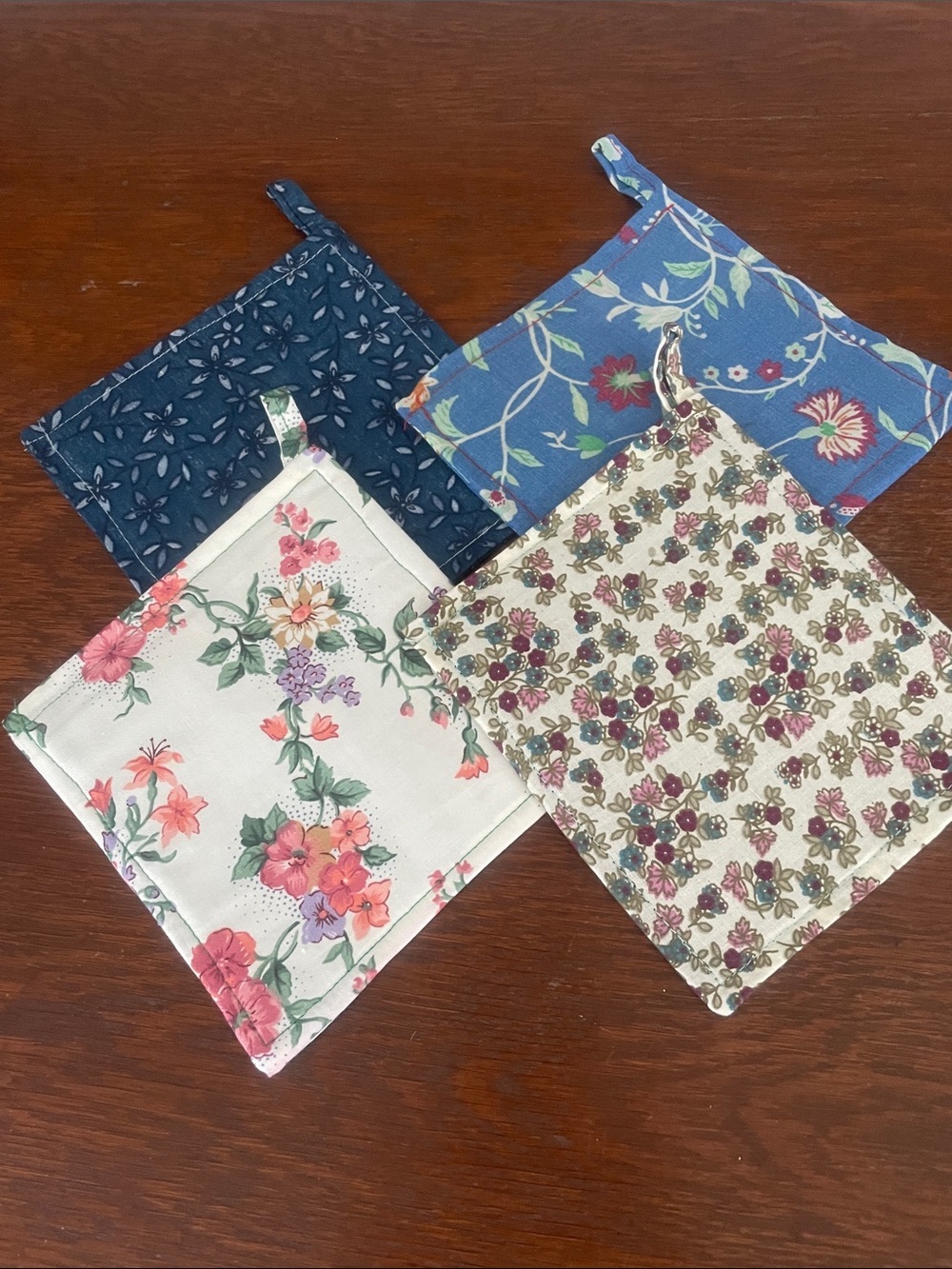 Floral Cotton Pot Holders 4-Pack - Blue, Navy, Cream, White vintage handmade